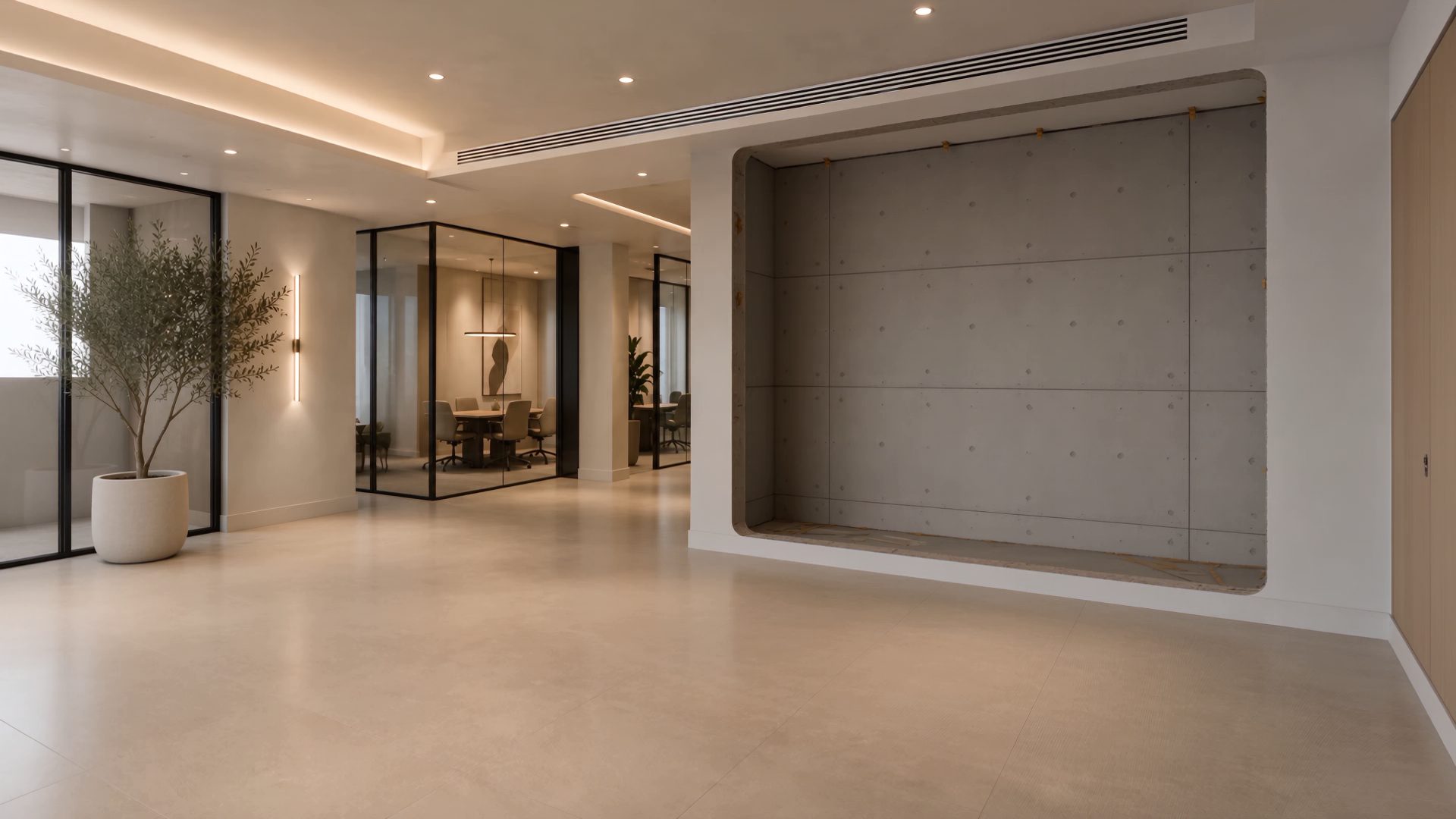 Agama-fabricated reception in Staron solid surface, with oak veneer wall cladding